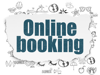 Tourism concept: Painted blue text Online Booking on Torn Paper background with  Hand Drawn Vacation Icons