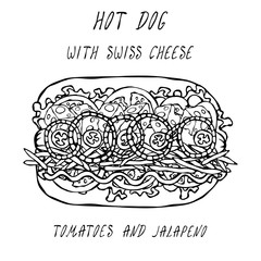 Hot Dog with Swiss Cheese, Hard Cheese, Lettuce Salad, Tomato, Red Onion Rings, Jalapeno, Mayo. Fast Food Collection. Realistic Hand Drawn High Quality Vector Illustration. Doodle Style.