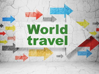 Travel concept:  arrow with World Travel on grunge textured concrete wall background, 3D rendering