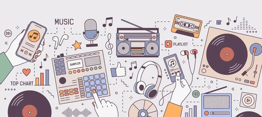  Colorful horizontal banner with hands and devices for music playing and listening - player, boombox, radio, microphone, earphones, turntable, vinyl records. Vector illustration in line art style. © Good Studio