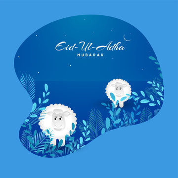 Blue greeting card design with illustration of sheep and leaves in frame for Eid Ul Adha Mubarak (Festival of Sacrifice) celebration.