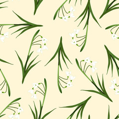 White Snowdrop Seamless on Beige Ivory Background