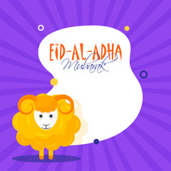 Eid Al Adha Mubarak greeting card design with sheep and frame illustration on purple rays background for festival celebration concept.