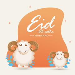 Greeting card design with illustration of sheep on abstract frame for Eid Al Adha Festival celebration concept.