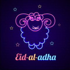 Sheep made by neon effect on brick wall and decorated with stars for Eid Al Adha (Festival of Sacrifice) celebration concept.