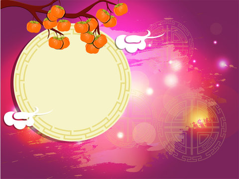Chuseok festival celebration background with persimmons fruit branch and blank frame on shiny pink background.