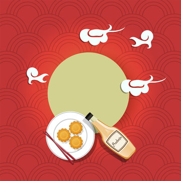 Red Greeting Card Design With Illustration Of Rice Wine Bottel And Traditional Dish For Chuseok Festival Celebration.