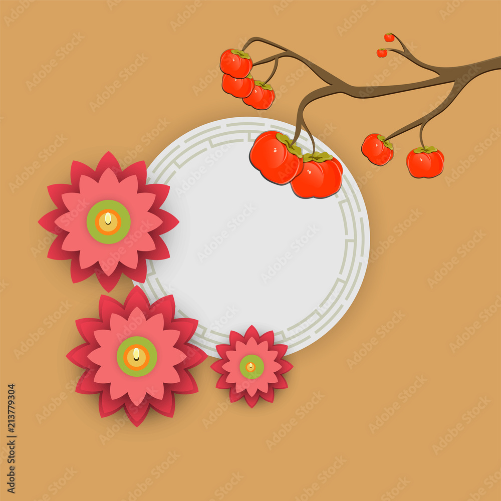 Sticker Pink paper flower style candles with persimmon branch and blank sticker.