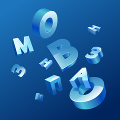 vector 3d blue letters fly in a blue background