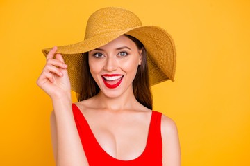 Closeup photo portrait of cheerful cool joyful excited amazed astonished beautiful girl with...