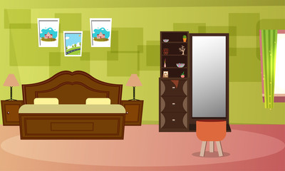 Bedroom interior design with illustration of bed, cupboard, lamp and scenery.
