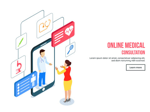 Responsive landing page design with isometric view of online medical consultation with different medical equipment services app for Healthcare concept.