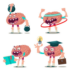 Funny cartoon brain reads a book, a graduate with a light bulb, trains with weights and hula hoop. Vector character set isolated on white background. Brainstorm illustration.