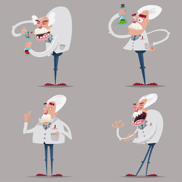 Funny and mad scientist chemist in a lab suit and test tubes. Vector cartoon character set of old professors conducting a scientific experiment isolated on background.