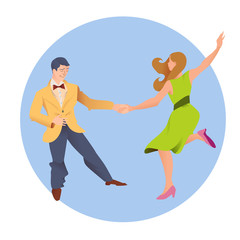 Fototapeta na wymiar Dancers of Lindy hop. The man and the woman isolated in a blue circular background. Poster for studio of dances. Flyer or element of advertizing for social dance. Flat vector illustration of people.