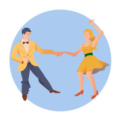 Dancers of Lindy hop. The man and the woman isolated in a blue circular background. Poster for studio of dances. Flyer or element of advertizing. Flat vector illustration of social dance.