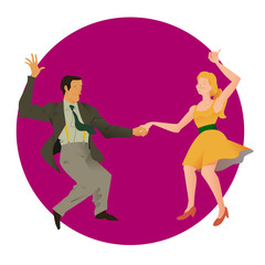 Dancers of Lindy hop. The man and the woman isolated in a purple circular background. Poster for studio of dances. Flyer or element of advertizing. Flat vector illustration of social dance.