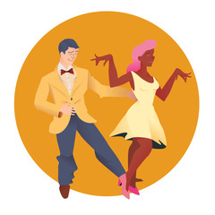 Dancers of Lindy hop. The man and the woman of different nationalities dance. People isolated on orange circular background. Poster for studio of dances. Flat vector illustration of people.