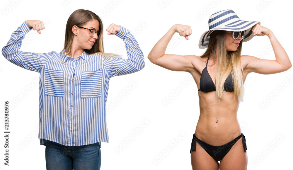 Sticker young beautiful blonde woman wearing business and bikini outfits showing arms muscles smiling proud.