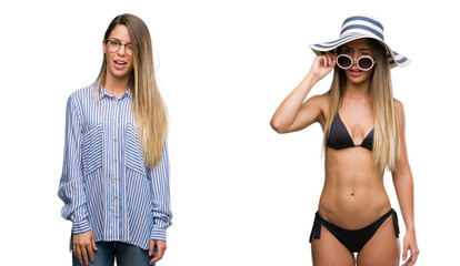 Young beautiful blonde woman wearing business and bikini outfits winking looking at the camera with...