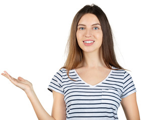 Fototapeta premium Cheerful woman pointing