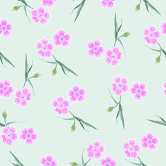 Floral textile seamless gentle pattern in pastel colors, modern color. Rare pink small flowers with narrow green leaves, field carnation.