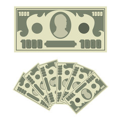 1000 dollars bill and money cash fan. Vector flat simple banknote icons isolated on white background.
