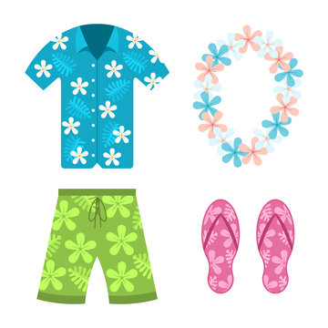 Hawaiian Shirt, Beach Summer Shorts, Flower Necklace And Flip Flops Vector Flat Cartoon Set Of Clothes Isolated On White Background.