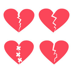 Broken heart vector flat icons set isolated on white background.