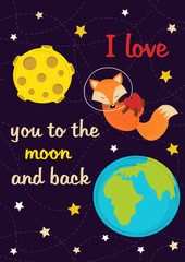Fototapeta premium love card with fox in space - vector illustration, eps