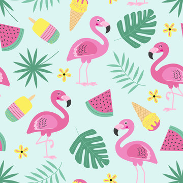 seamless pattern with flamingo, ice cream, fruit, tropical leaf  -  vector illustration, eps