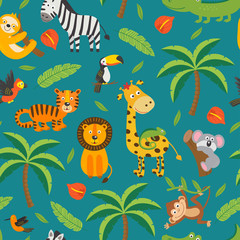 seamless pattern with jungle animals and tropical plants -  vector illustration, eps