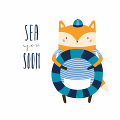 Hand drawn vector illustration of a cute funny fox with pool float, lettering quote Sea you soon. Isolated objects. Scandinavian style flat design. Concept for children print, summer holidays.