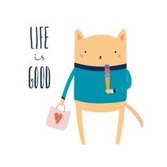 Foto op Canvas Hand drawn vector illustration of a cute funny cat with ice cream, shopping bag, lettering quote Life is good. Isolated objects. Scandinavian style flat design. Concept for children print, holidays. © Maria Skrigan