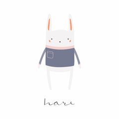 Hand drawn vector illustration of a cute funny hare in sweater, with calligraphic hand written quote. Isolated objects. Scandinavian style flat design. Concept for children print.