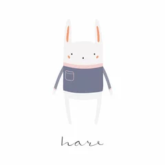 Foto auf Alu-Dibond Hand drawn vector illustration of a cute funny hare in sweater, with calligraphic hand written quote. Isolated objects. Scandinavian style flat design. Concept for children print. © Maria Skrigan