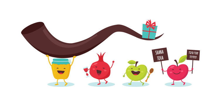 Rosh Hashanah Jewish holiday banner design with honey jar, apple and pomegranate funny cartoon characters holding shofar , Jewish horn. Vector illustration
