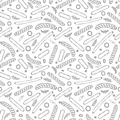 Seamless Endless Background Pattern of Different Sausages, Onion Rings, Rocket Leaves Herb, Pepper. Food Collection. Realistic Hand Drawn High Quality Vector Illustration. Doodle Style.