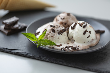 Homemade chocolate ice cream with cinnamon and mint, sprinkle with chocolate