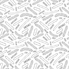 Seamless Endless Background Pattern of Different Sausages and Lettering. Food Collection. Realistic Hand Drawn High Quality Vector Illustration. Doodle Style.