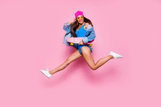Lifestyle leisure dream dreamy person people concept. Side profile full length size studio photo portrait of funny funky cheerful careless beautiful cool girl jumping up isolated bright background