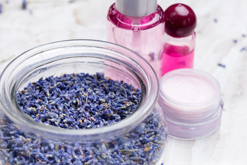 lavender body care products. Aromatherapy, spa and natural healthcare concept