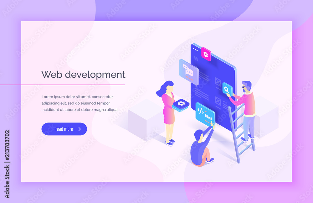 Fototapete Web design, development. People interact with parts of the interface, creating an interface for the mobile application. Modern vector illustration isometric style.