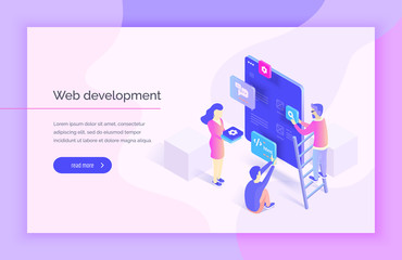Web design, development. People interact with parts of the interface, creating an interface for the mobile application. Modern vector illustration isometric style.