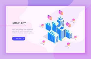 Fototapeta na wymiar Smart city. Futuristic buildings on an abstract background. Landing, a banner for a website. Modern vector illustration isometric style. 