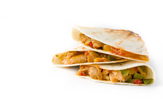 Mexican quesadilla with chicken, cheese and peppers, isolated on white background. Copyspace