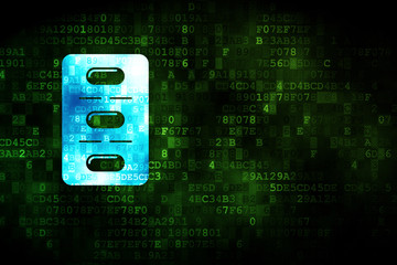 Health concept: pixelated Pills Blister icon on digital background, empty copyspace for card, text, advertising
