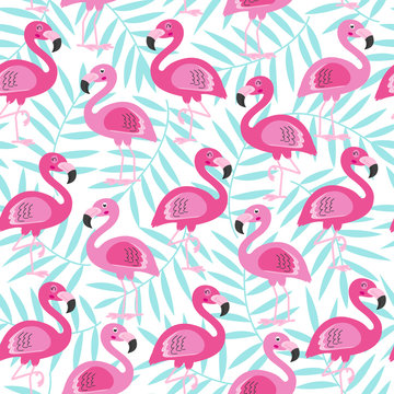 seamless pattern with pink flamingo and blue tropical leaf -  vector illustration, eps