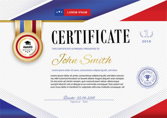 Official white certificate with red violet ribbons and education design elements, graduatioin cap, cup. Clean modern design.. Afstract background. Sheet in a cage. Colors of American flag and stars