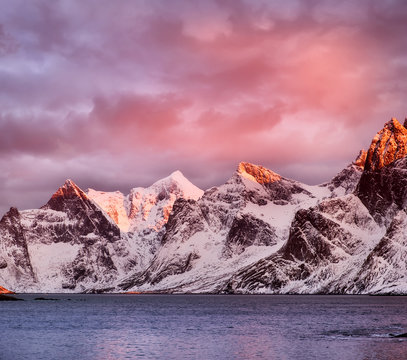 Mountain ridge during sunrise on the Lofoten islands. Natural landscape in the Norway